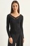 Women's V-Neck Lace Detailed Long Sleeve Combed Cotton Black Blouse - 5