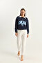 Women's Polo Collar Chicago Printed Three-Thread Ribbed Navy Blue Sweatshirt - 3