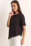 Women's Crew Neck Lace Detailed Asymmetrical Cut Oversize t Shirt Black - 4