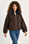 Women's Fur Collared Zippered Cashmere Bomber Jacket in Bitter Brown - 3