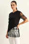 Women's Crew Neck Lace Garnished Asymmetrical Cut Relaxed Fit t Shirt Black - 2