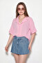 Women's Open Collar Self-Striped Oversize Short Sleeve Candy Pink Shirt - 3
