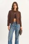 Women's O-Neck Open Front Self-Textured Lined Brown Jacket