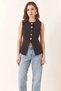 Women's Crew Neck Gold Button Detailed Lined Black Vest - 7