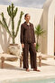 Collar Shiny Fabric Detail Shirt Trousers Set 1026 Brown