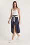 Women's Slit Detailed Patterned Satin Belted Midi Length Denim Navy Blue Skirt - 3