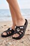 Women's Black Knitted Textured Bow and Charm Summer Beach Slippers