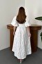 White Balloon Sleeve Three-Button Belt Detailed Dress - 5