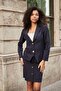 Women's Collared Double Buttoned Flato Pocketed Long Sleeve Blazer Flexible Premium Fabric Jacket-Navy Blue - 4