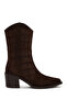 Women's Brown Printed Thick Heeled Suede Leather Cowboy Boots Wf170035Ds