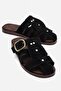 Black Women's Suede Gold Buckle Detailed Cage Closed Toe Bohemian Slippers - 4