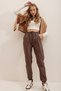 Chocolate Double Pocket Casual Faux Leather Trousers with Elastic Waist and Ankle Cuffs and Inner Lining Alc-X7329 - 4