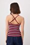 Bordo Çizgili Fitted/Vücuda Oturan V Yaka İnce Askılı Kolsuz Pamuk Ribana Örme Bluz TWOSS26BZ00383 - 4