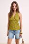 Oil Green Textured Halter Neck Crop Gathered Knitted Blouse Twoss24Bz00389
