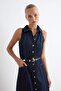Koyu Mavi Halter Yaka Kolsuz Midi Denim Elbise TWOAW27EL00032 - 2