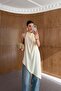 Halter Neck Draped Asymmetrical Satin Yellow Blouse - 3