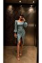 Mint Square Neck Balloon Sleeve Slit Satin Evening Dress 582693