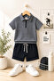Black Zippered Striped Waffle Fabric Summer Boys' Set