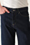 Men's Water Washed Navy Blue Regular Waist Long Leg Baggy Denim Jeans - 4