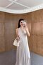 Pleated Cream Dress with Gold Accessories - 3