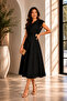 Stretchy Crepe Fabric Degaje Collar Padded Shoulders Gold Accessories Flared Cut Midi Length Black Dress 77129 - 8