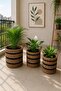 3-Piece Wicker 1168 Black Striped Patterned Knitted Flower Pot Set with Handles - Natural Wicker Decorative Basket Set with Holding Handles - 3