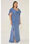 Women's Short Moving Sleeve Degaje Neckline Waist Corner and Chest Stone Print Indigo Evening Dress & Homecoming - 2