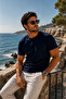 Men's Slim Fit Navy Blue Crew Neck Combed Cotton Casual Basic T-Shirt - 4
