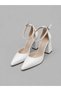 White Skin 8.5 cm Belt Strap Pointed Toe Stiletto Chunky Heel Women Shoes - 4
