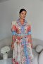 Blue Patterned Button Detailed Belted Midi Length Premium Linen Dress - 5