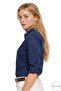 Women's Linen Navy Blue Sleeve Fold Button Collar Long Sleeve Shirt - 4