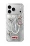 iPhone 17 Pro/18 Pro Rhinestone Case with Pearl Pendant Detail, Marbling Effect 3D Heart and Motif Charm Cover