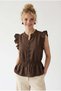 4921 Women's Flounce Collar Jacquard Peplum Blouse Brown - 3