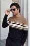 Men's Crew Neck Camel Sweater Knitwear Colorful Stripe Pattern Classic Fit - 5246C