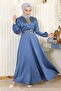 Stone Detailed Satin Evening Dress Blue 19901