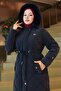 Zippered Waist Lace-Up Quilted Coat Navy Blue 19283 - 2