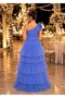 Girl's Blue Color Tulle Skirted Evening Dress with Tail - 3