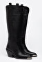 Black Matte Leather Metal Toe Flat Above-Knee Western Cowboy Boots