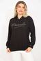 Women's Large Size Black Stone and Lace Detailed Hooded Sweatshirt 65n35309 - 2