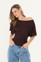 Brown Ultra Soft, Fitted at the Waist, Fully Stretchable, 95% Natural Viscose, No Show, Low Shoulder Bat Sleeve Blouse