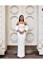 Flexible Scuba Fabric Strapless Draped Sleeve Stone and Tulle Detailed Evening Dress 583336 White