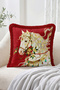 Fringed Throw Pillow Cover with White Horse Figure on Red Background and Floral Detail - Tasseled Pillowcase - 2