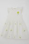 Girl's Dress Yellow Floral Embroidered Skirt with Lace Detail Floral 3-8 Years, Ecru - 5