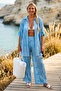 Italian Blue Shirt Collar 3/4 Sleeve Lined Embroidered Wide Leg Woven Beach Bottom-Top Set 80-105 68-65