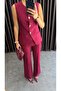 Women's Button Detailed Vest and Trousers Set Burgundy - 7