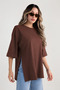 Brown Oversize Double Sleeve Long T-Shirt with Side Slits |   Cotton Basic Crew Neck Single Jersey Fabric Casual Comfortable T-Shirt |   Standard Size All Season - 2