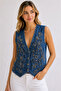 Women's Blue Stone and Sequin Embroidered Jean Vest Cotton V-Neck Suede