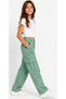 Girls'/Boys' Multi-Pocket Wide Leg Model Green Color Cargo Pants - 2