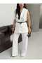 Stylish Vest-Pants Suit with Patterned Shoulders and Fular Detail, Loose-Fitted Legs - 4