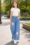 26904-26 Girls' Denim Trousers Wide Leg Floral Embroidery Detailed Tassel Leg Casual Comfortable Jean Pants